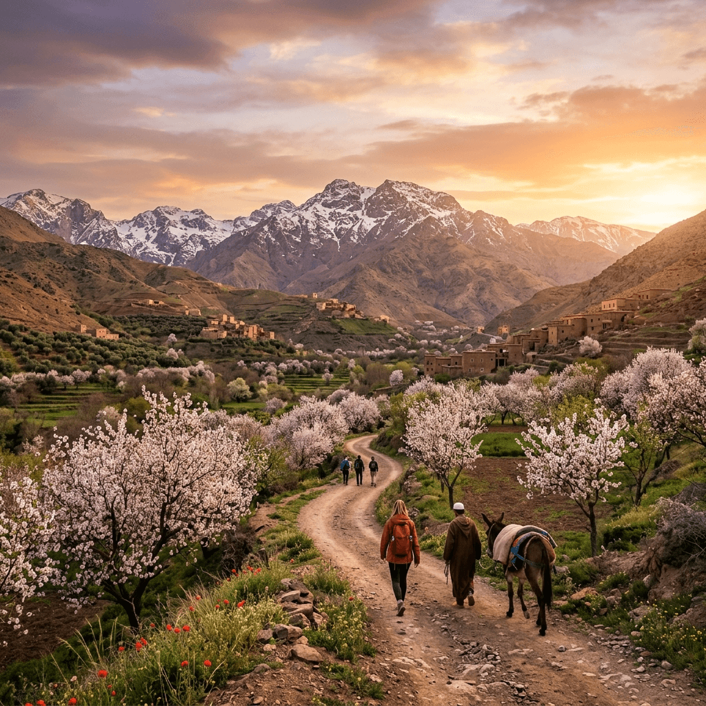 blooming almond trees lining a path in the Atlas Mountains of Morocco during spring