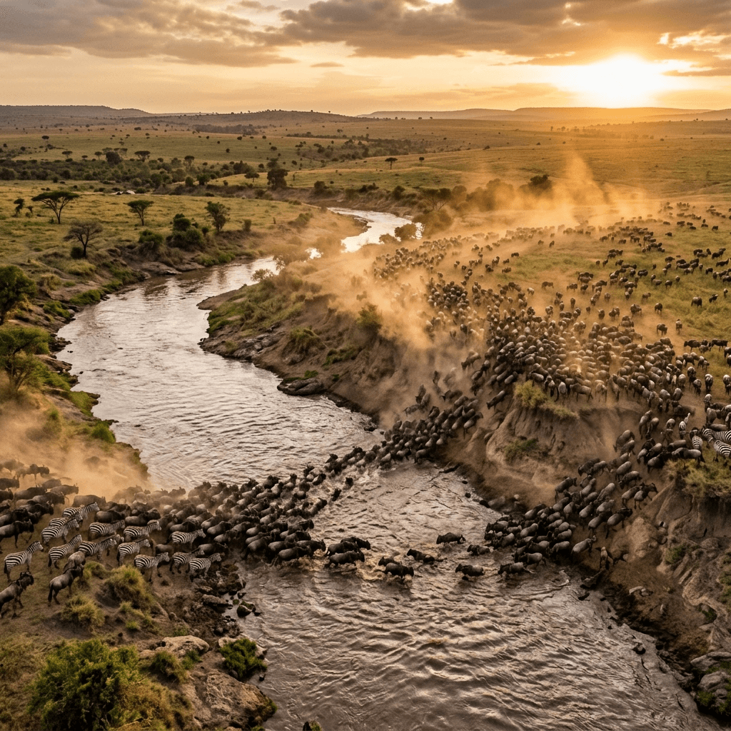 sweeping aerial view of a massive wildebeest herd crossing a river in the Maasai Mara, pure untamed nature